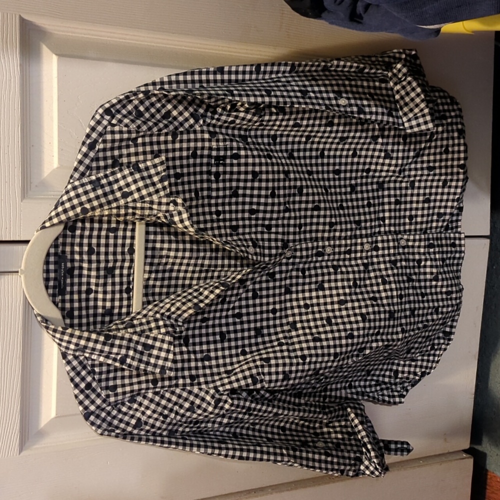 Tommy Hilfiger navy and white plaid button up shirt with polka dots